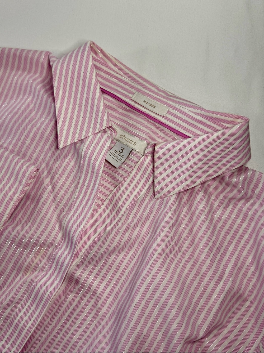 Chico's XL Size 3 No-Iron Pink White Striped Button-Up Shirt 3/4 Sleeve (stains)